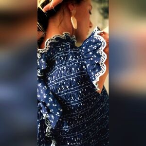 Sezane LIORANE BLOUSE Navy Blue Ruffled Women's Top Size M